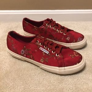 Superga Red Satin Floral Lace Up Sneakers